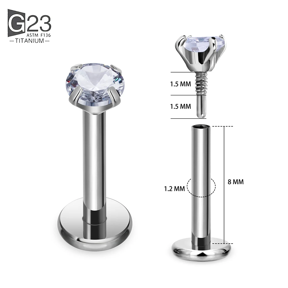 50/100 Stück ASTM F136 Titan Labret Piercing 16G Flatback CZ Ohr-Lippen-Piercing Knorpel Tragus Ohrring Zungenpiercing Körperschmuck – Detail 3