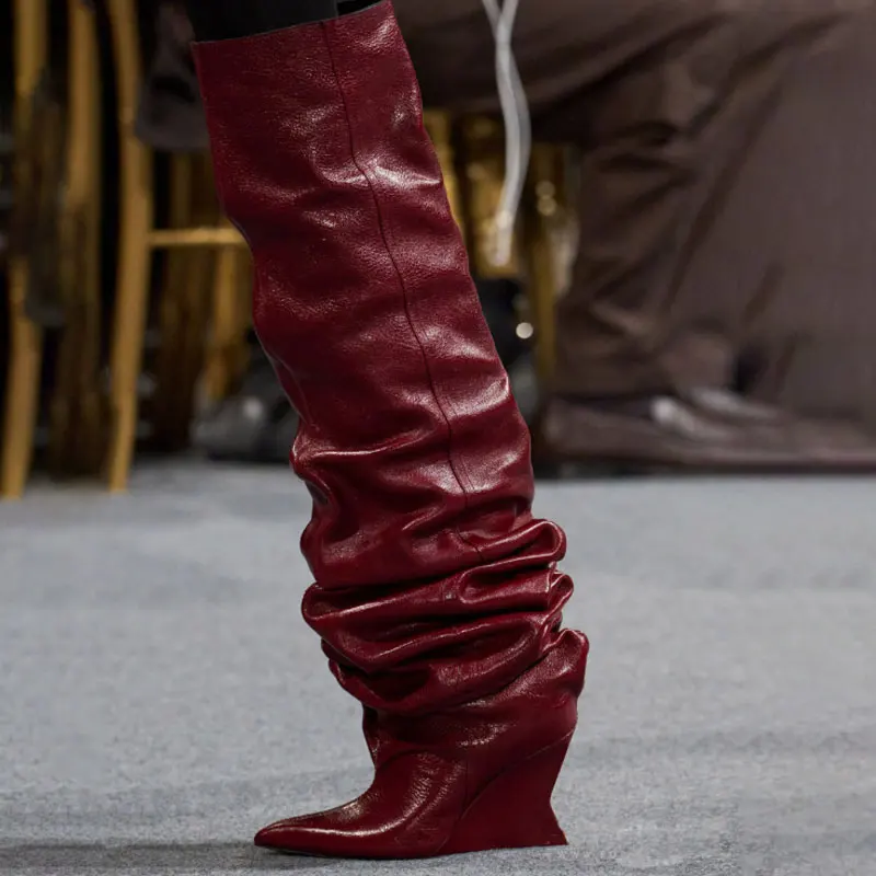 2026 Spring/Summer Women's Boots Women's Wedge Heel 7.5 cm High Heels Knee Length Cool Boots Slant Heel Fashion Show Large Size