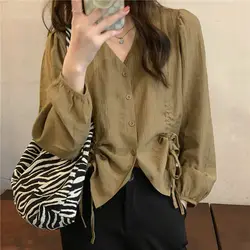 2024 Autumn Women's New Spliced Button Drawstring V-neck Fashion Solid Color Loose Minimalist Casual Long Sleeved Blouses Shirts