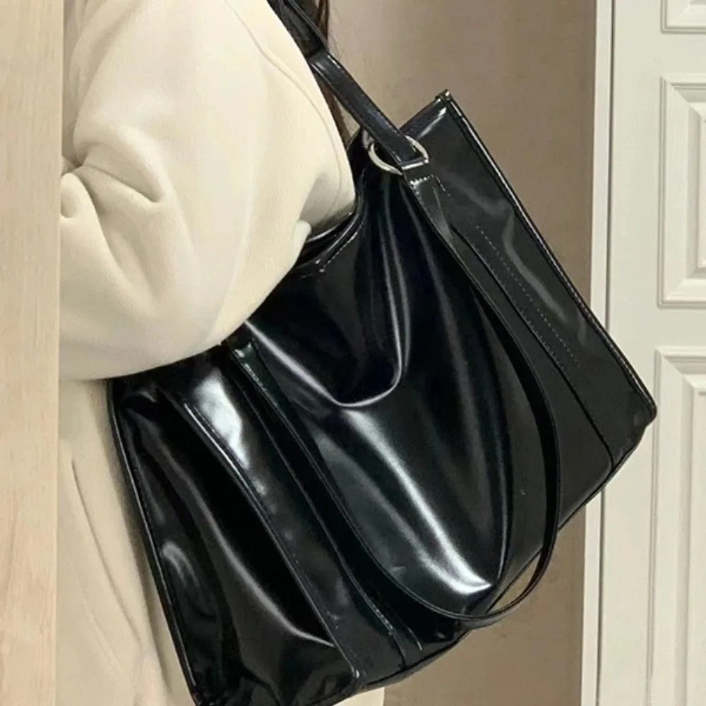 

Underarm Bag Black Tote Bag College Student Large Capacity PU Leather Shoulder Bag Black Solid Color Large Handbag Holiday