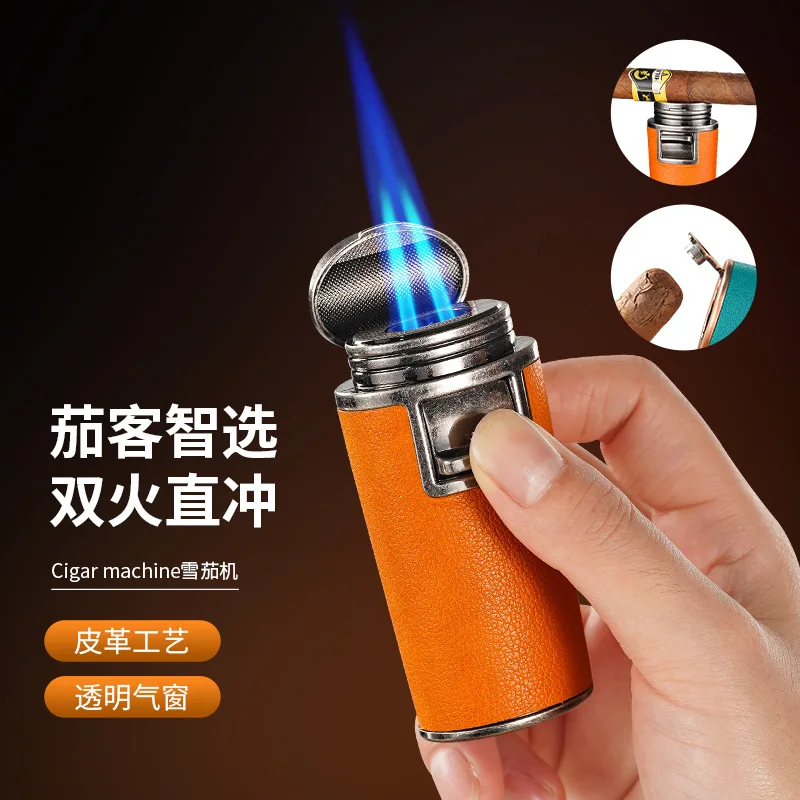 New leather texture metal straight flash lighter creative men's blue flame windproof high fire light cigar