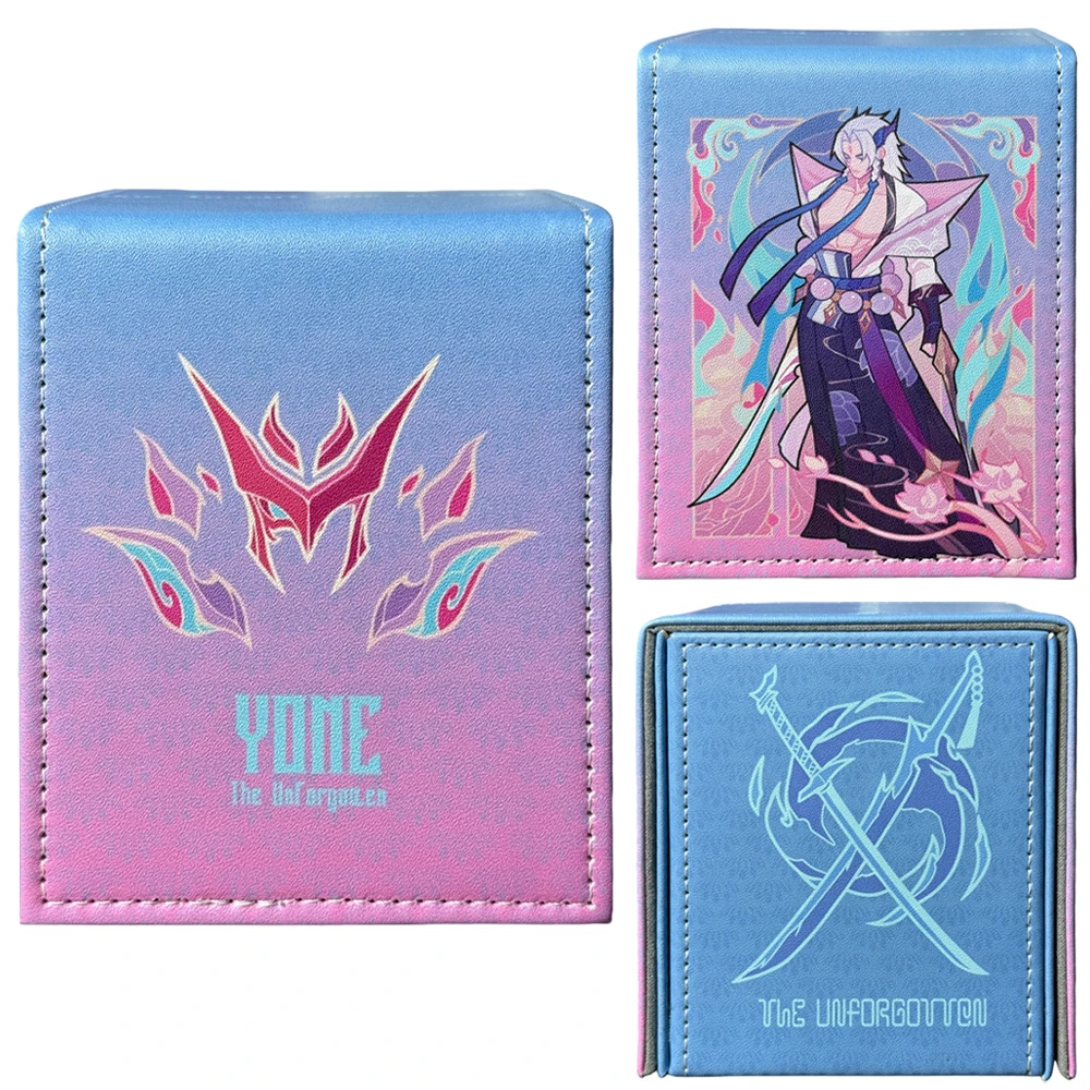 Diy self made tcg runas campo de batalha o inesquecível yone flip deck caso caixa de armazenamento de cartão de couro premium para opcg ptcg ws