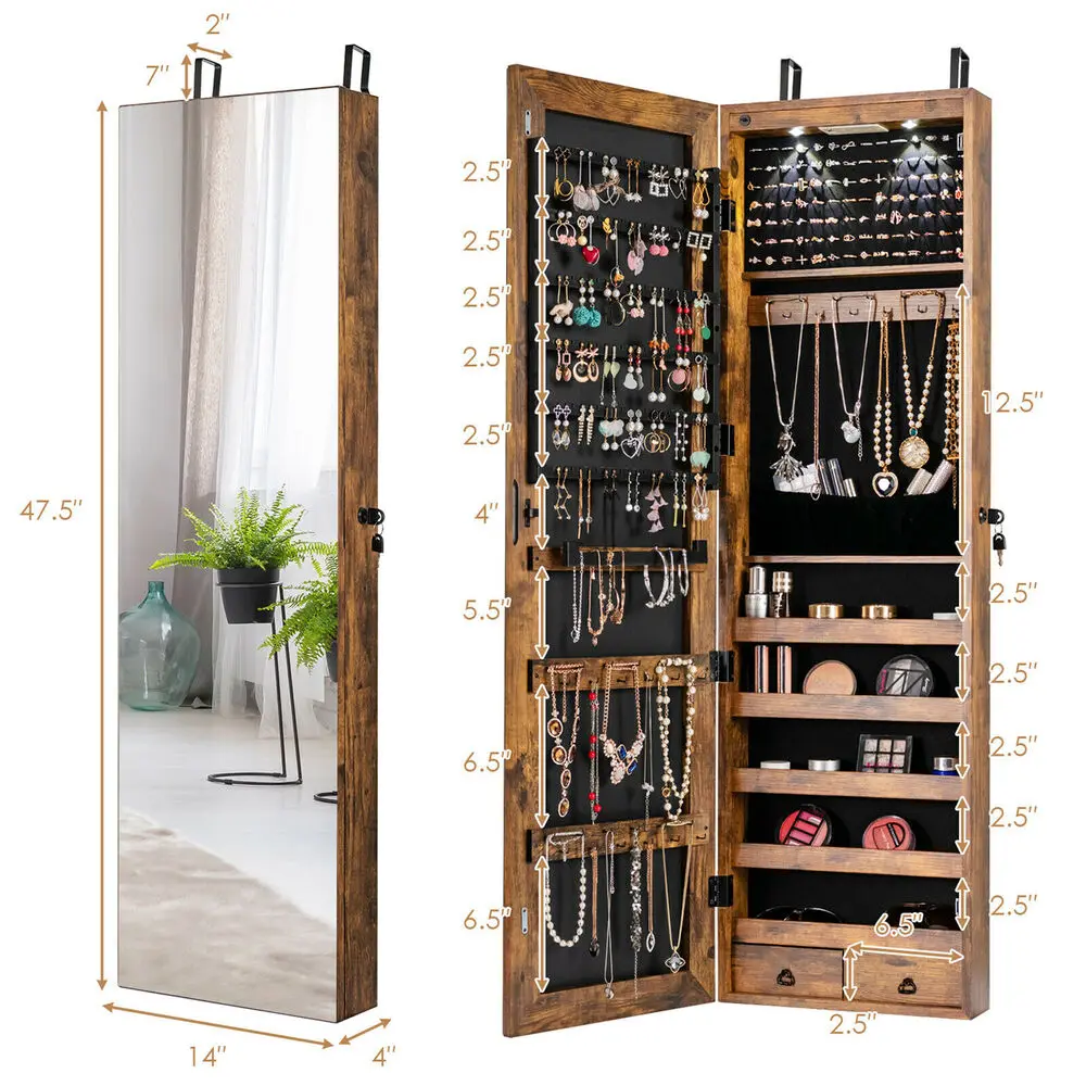 Mirrored Wall & Door Mounted Jewelry Storage Cabinet Organizer W/ Lights &