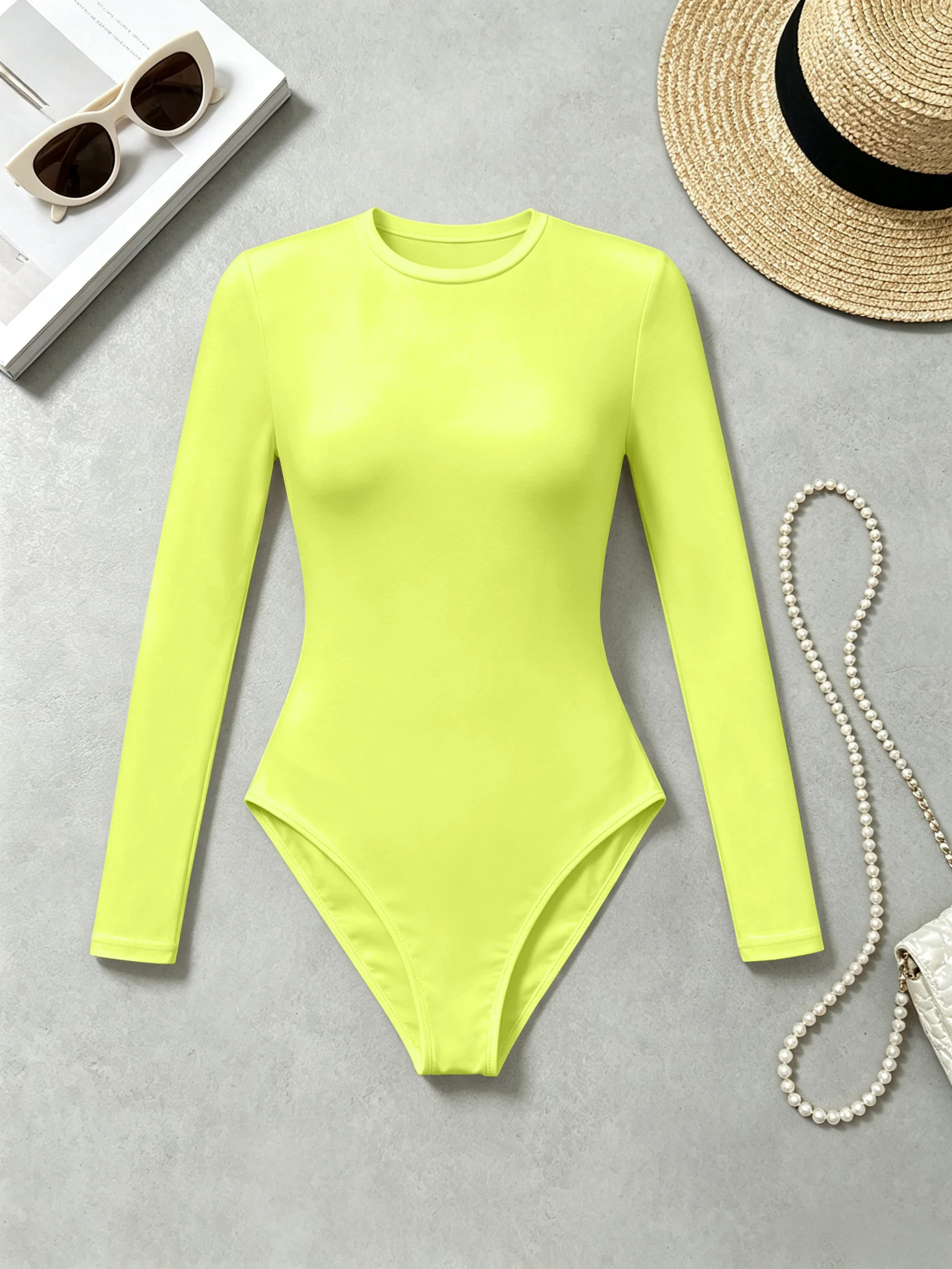 Damen-Bodysuit mit Rundhalsausschnitt und Langen Ärmeln, Schlanke Passform, Hochelastisch, Einfarbiger Casual-Jumpsuit für den Alltag – Detail 6