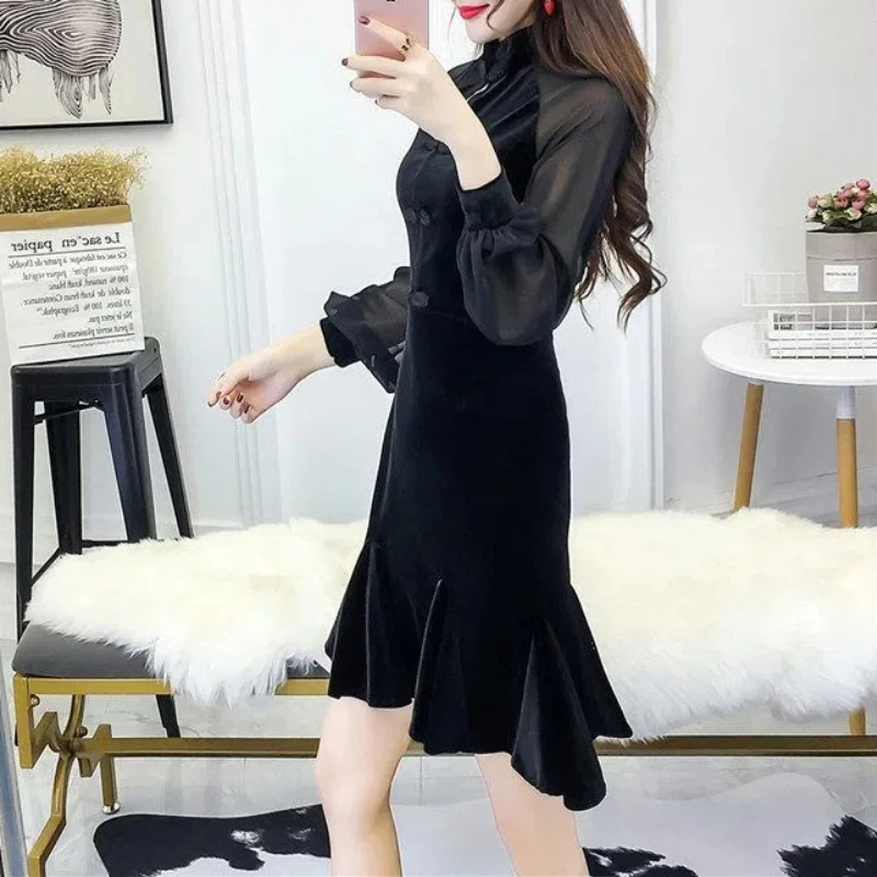 Pullover da donna primavera autunno tinta unita girocollo minigonne stile cinese sirena a-line Bag Hip Office Lady Dresses