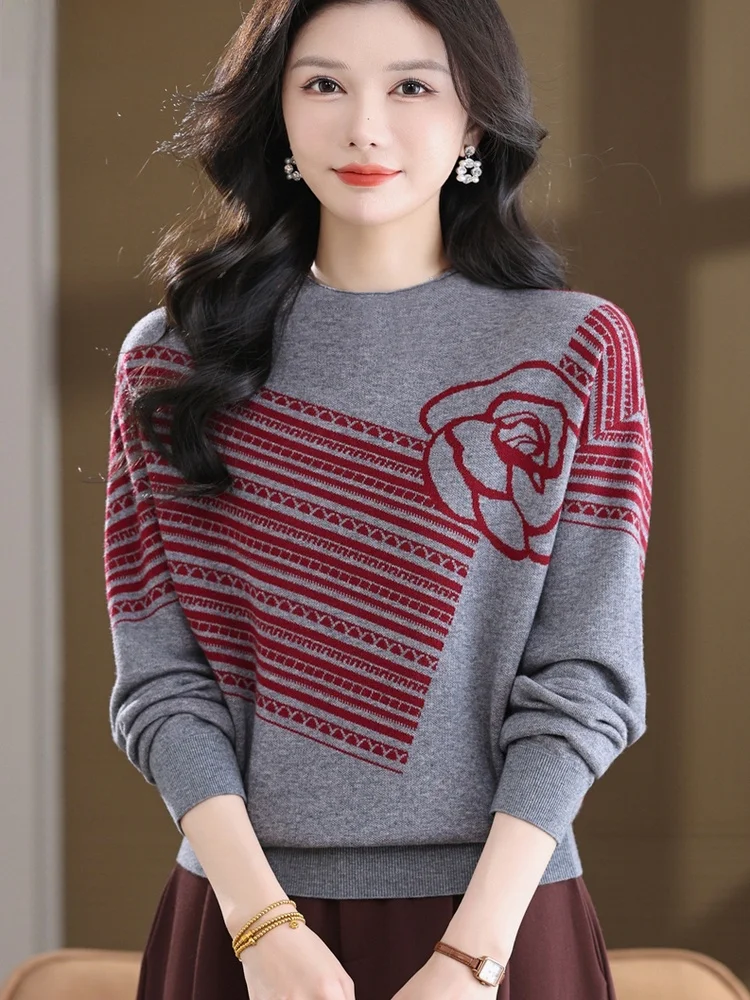 

Autumn Winter Thickened Woolen Sweater Women's Fashion Batwing Sleeve Printed Top Warm Comfortable Mom Clothes Mid-aged Ladie...