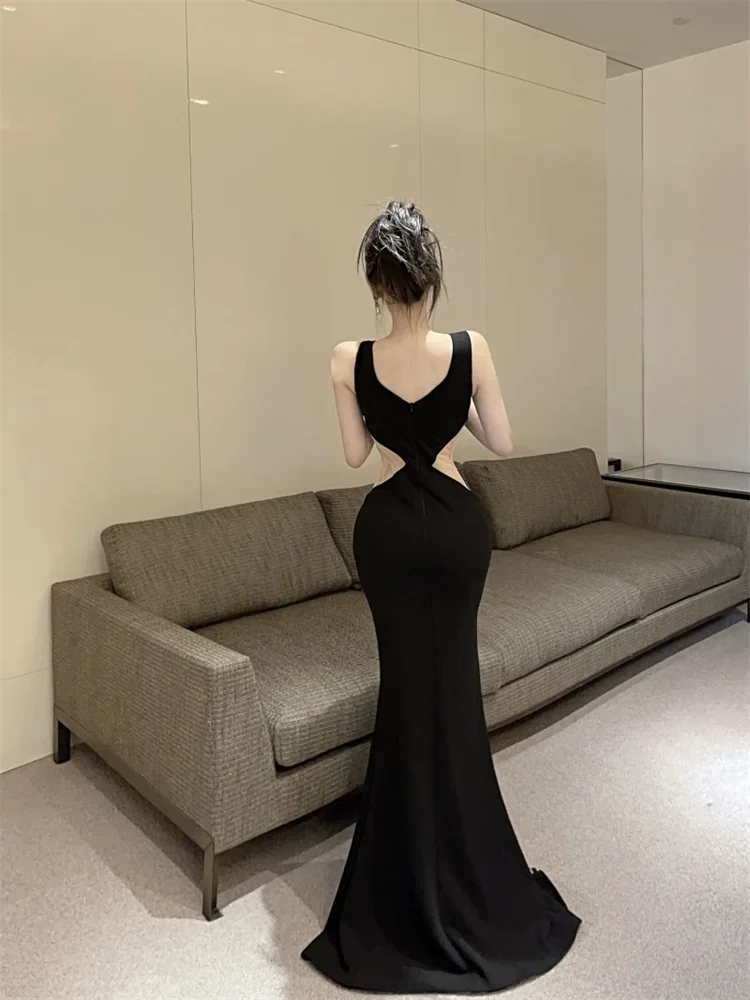 ハイエンドなホローアウトセクシーマキシドレス、女性用ディープVネック、キラキラ輝くスパンコールトリム、ロングパーティードレス、カットアウトウエスト、フォーマルイブニングドレス