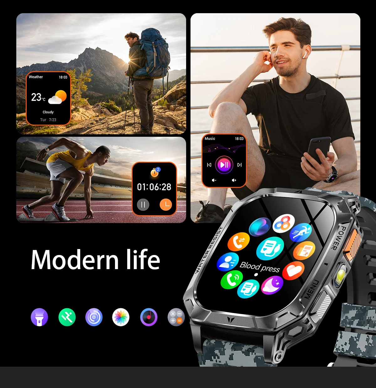 Lige Militärische Herren Smartwatch Mit Gesundheitsmonitor_voghion.com