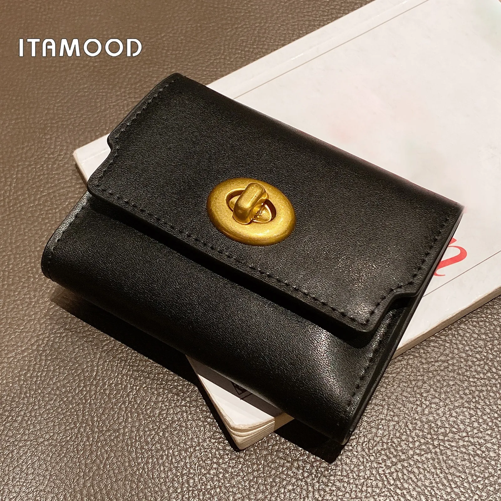

ITAMOOD Black Wallet Card Holder Genuine Leather Vintage Simple Design Short Wallet New Fashion Wallet Card Bag Valentine's Gift