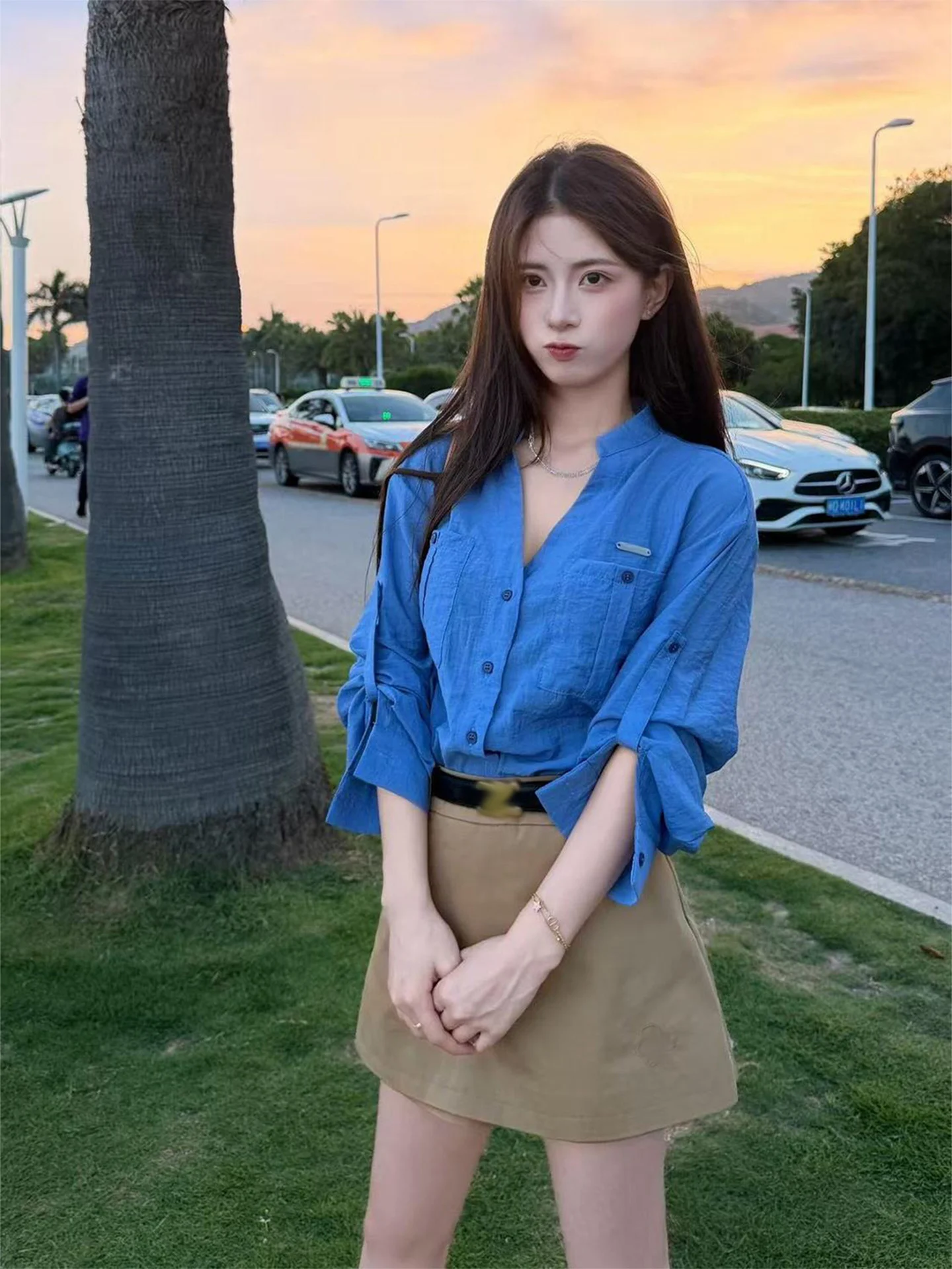 Korean High-End Klein Blue Women's Loose Long Sleeve Shirt Autumn Fashion Set with Half Skirt Casual Style Breathable Light W...