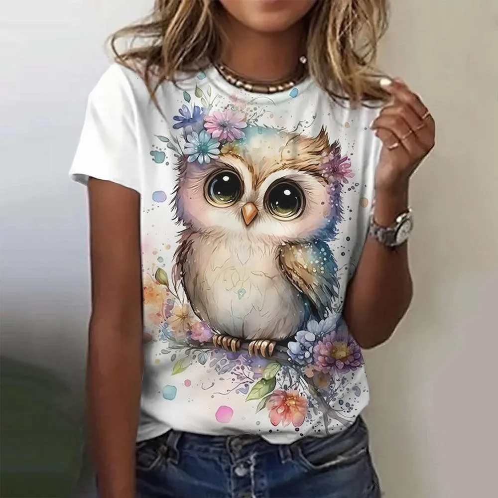 

Hot Sell Owl Pattern Summer O Neck Short Sleeve Women's 3d Printed T-Shirt Jumper Top Casual Fashion Beautiful Women's Wear