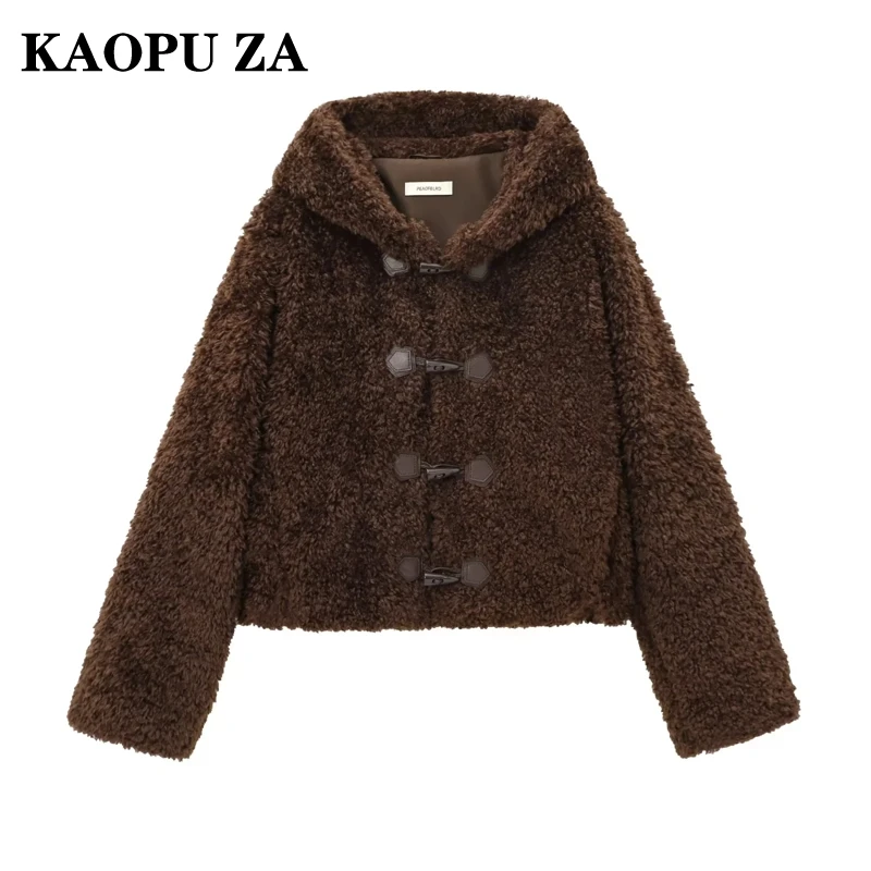 

KAOPU ZA 2024 Autumn New Woman's Casual Thick Fleece Jacket Female Winter Vintage Hooded Collar Long Sleeve Coat Solid Color Top