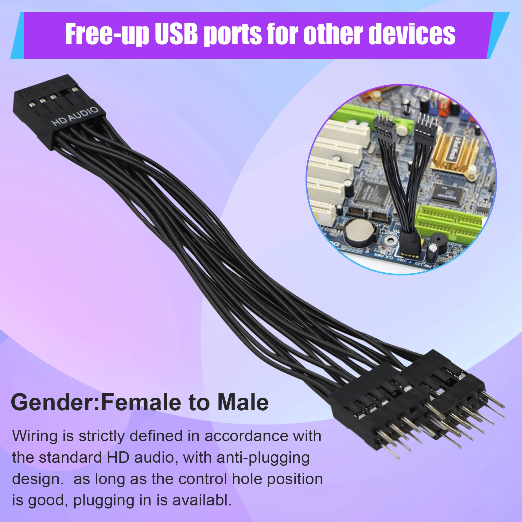 

A44TMotherboard Audio HD Extension Cable 9Pin 1 Female to 2 Male Y Splitter Cable Black for PC DIY 10cm