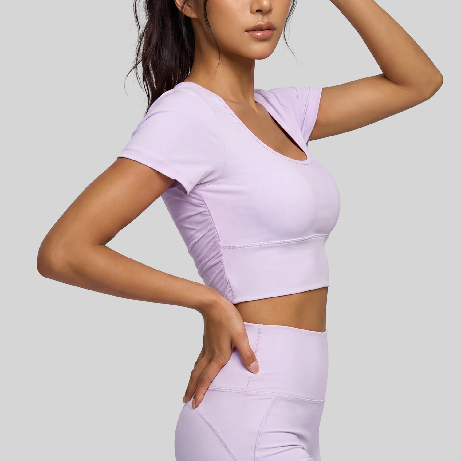 Women Peach Mesh Cutout Back Short Sleeve Yoga Top, High Elastic Removable Padded Crop Shirt for Running Training Fitness