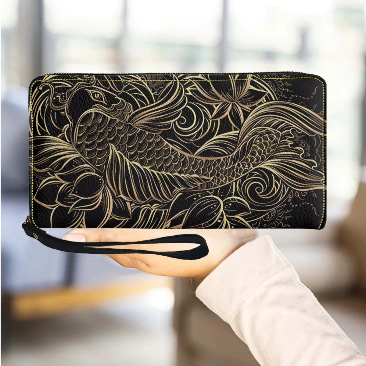 

Gold Carp With Lotus Print Wallt for Women Good Luck Travel Girls Card Holder Mobile Phone Bag Small Multi-Card Storage Bag Gift