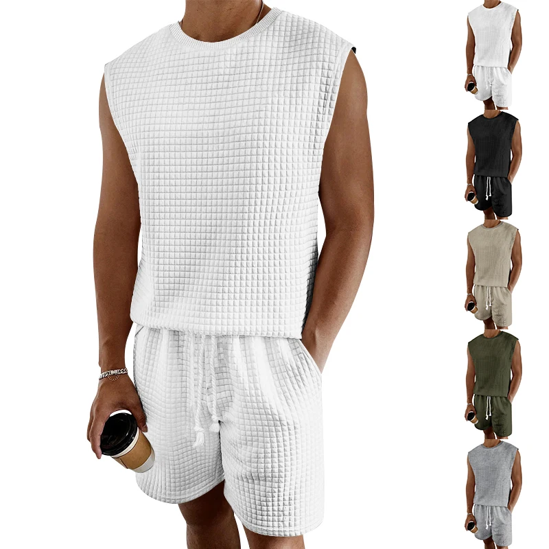 Amazon's new men's tracksuit small chequered sleeveless tank shorts two-piece set