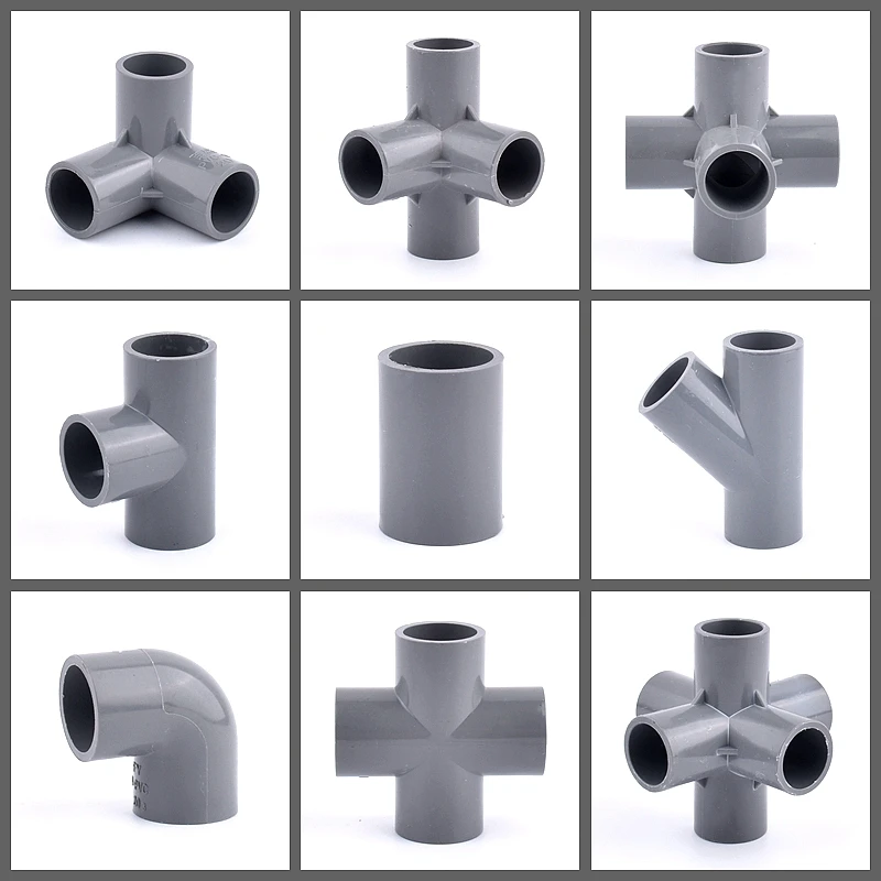 Acessórios cinzentos do conector do PVC do jardim de 20/25/32/40/50mm em linha reta 90 ° Adaptador de tubo de água em T cotovelo, abastecimento de
