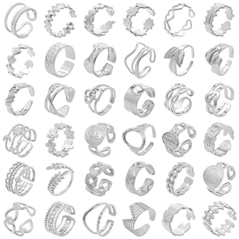 Trendy Steel Color Chunk Star Sun Flower Love Heart Shaped Rings Stainless Steel No Fade Glamour Jewelry Gifts for Women Girls