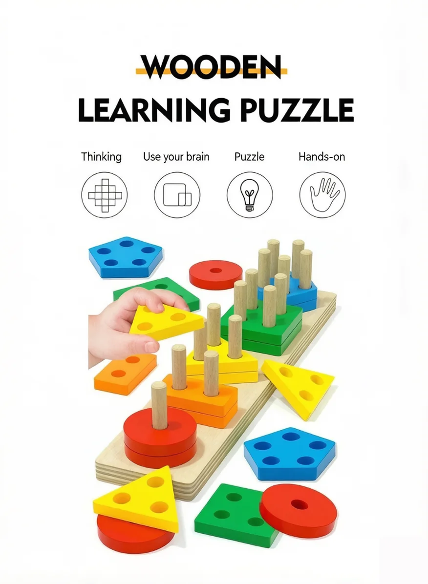 Montessori Early Ed Toy Shape Sorter Pegboard & Building Blocks for Babies Colorful Geometry Matching Game for Toddler Learning.