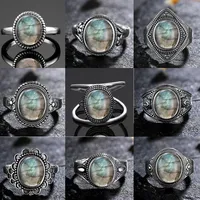 S925 Sterling SilverRing for Women Oval Round Natural Labradorite Ring Gift Sun Shaped Retro Luxury Fine Jewelry