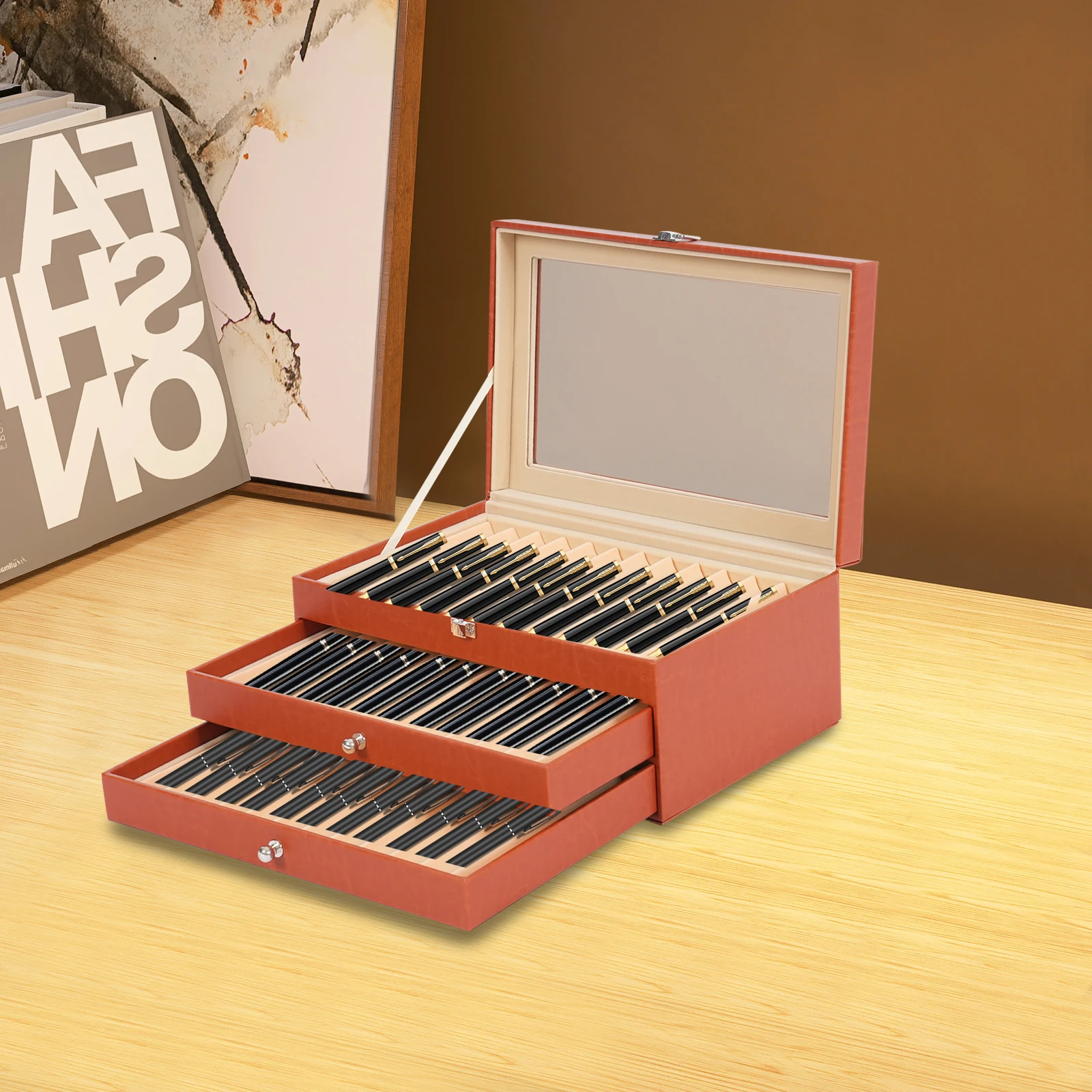Retro Rectangular Pen Display Box 3-Tier Orange Pen Display Case 36 Slots Holder Leather Storage Collector Organizer Box