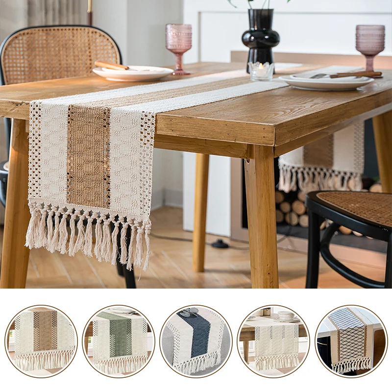 180CM New Linen Tablecloth Print Weave Weave Hollow Plant Table Flag Home Kitchen Table Decoration Tablecloth Modern Minimalist