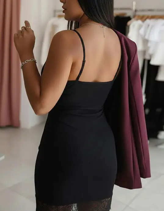 Mini robe épissée en dentelle, col en v profond, bretelles Spaghetti réglables, coupe cintrée, robe caraco côtelée