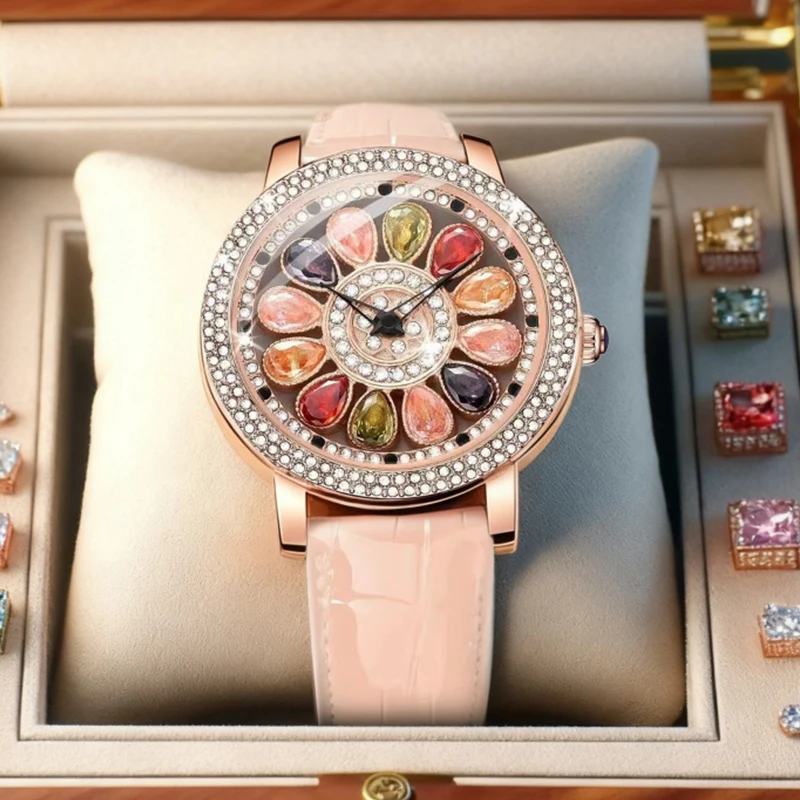 

A women's rose-colored fashionable and elegant rainbow candy PU leather quartz watch