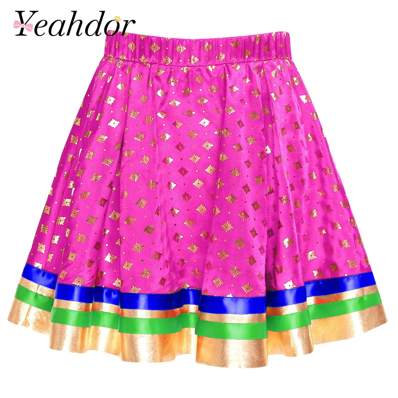 Kids Girls India Lehenga Choli Skirt Satiny Gold Colorful Striped Hem Trim Skirt for Indian Dancing Party Costume Dancewear