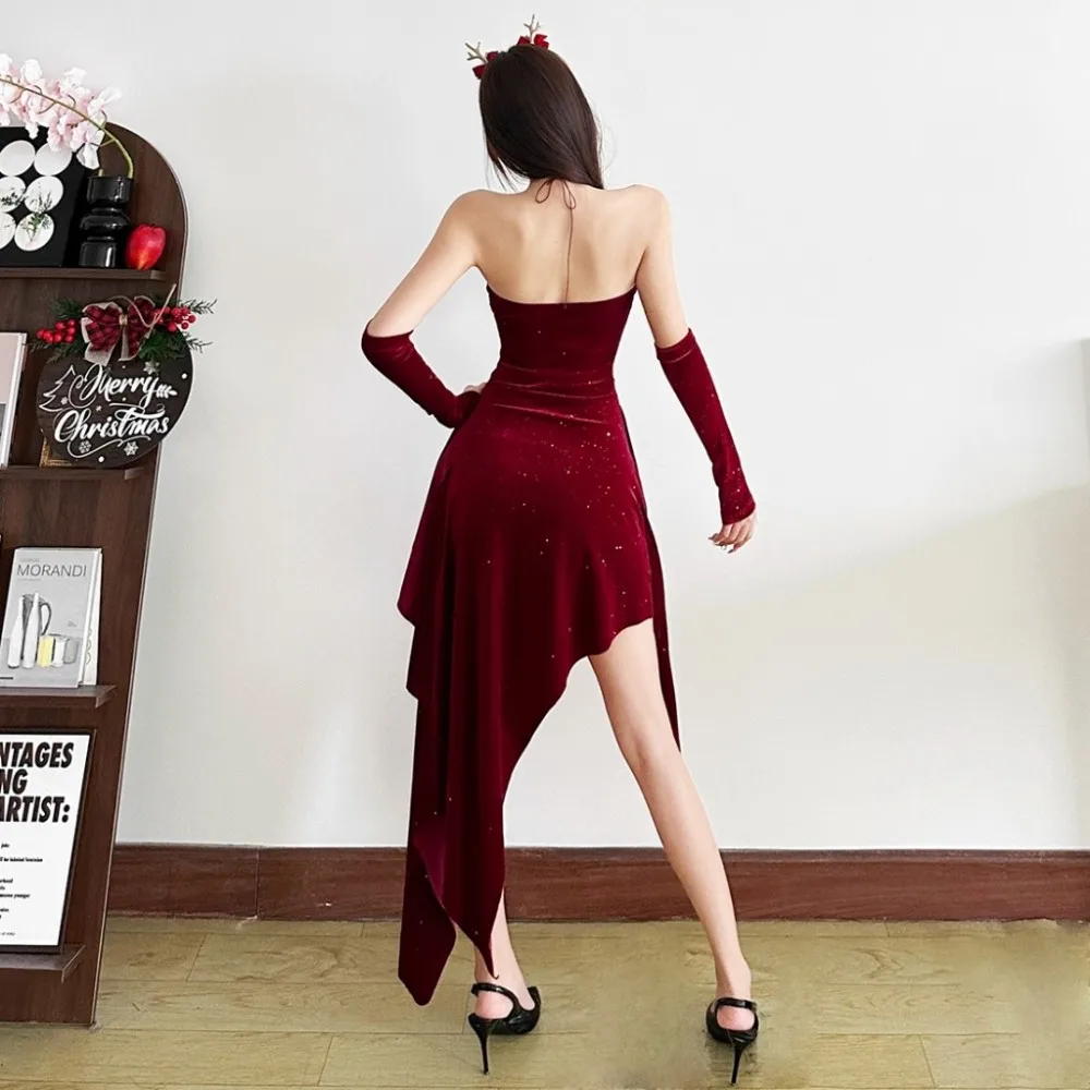 Sukienka SylCue Red Bright Silk Dress+Sleeve Cover Woman Chest Wrap Backless Shape Waist Irregular Hem Christmas Party Elegant Bodycon