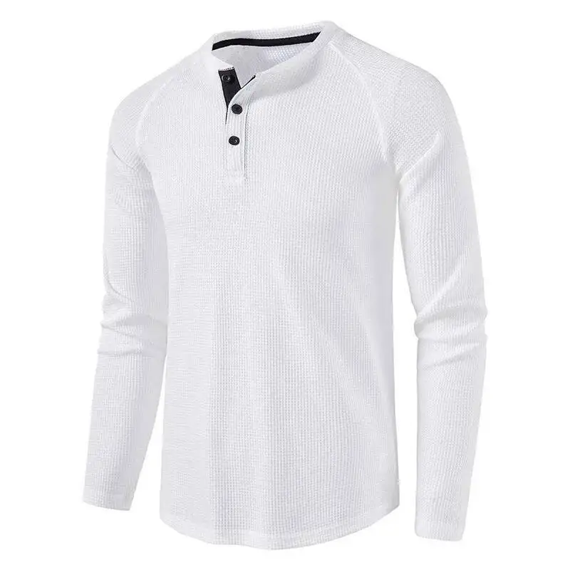 

Fashion Waffle Cotton T Shirt Autumn New Slim Fit Long Sleeve Henley Tshirt Men Streetwear Casual Solid Color T Shirt With