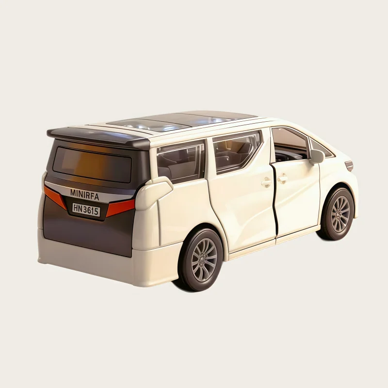 1/36 scale white alloy car model MPV, retractable metal-cast minivan with multiple operable doors, realistic business van, deskt