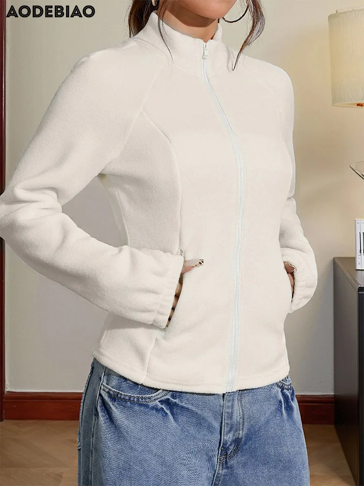 

AODEBIAO Women Hairy Coat Solid Jacket Winter Long Sleeves Hoodie Women Casual Fashion Pocket Turtleneck Retro Jacket Streetwear