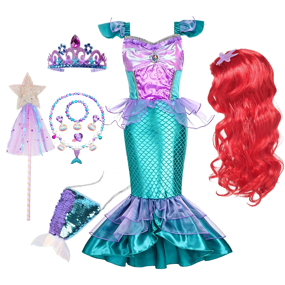 Lila Meerjungfrauen-Kostüm, ärmelloses langes Kleid mit Muschelkette und Krone für Mädchen, Halloween-Party, Cosplay, Sommer-Outfit – Detail 8