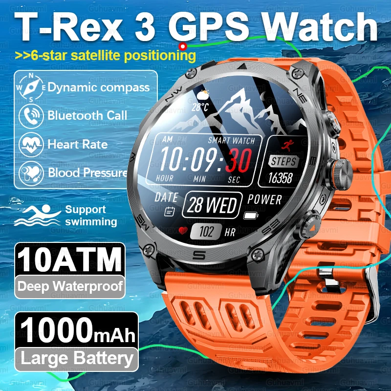 

2025 New GPS SmartWatch 1000Mah Battery Compass 10ATM Waterproof Tactics Sport Flashlight Heart Rate BT Call Smart Watch For Men
