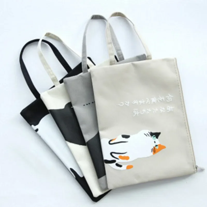 A4 Canvas Document Bag Lovely Cat Zipper File Bag Large Capacity Durable File Pouch Reticule for School Business