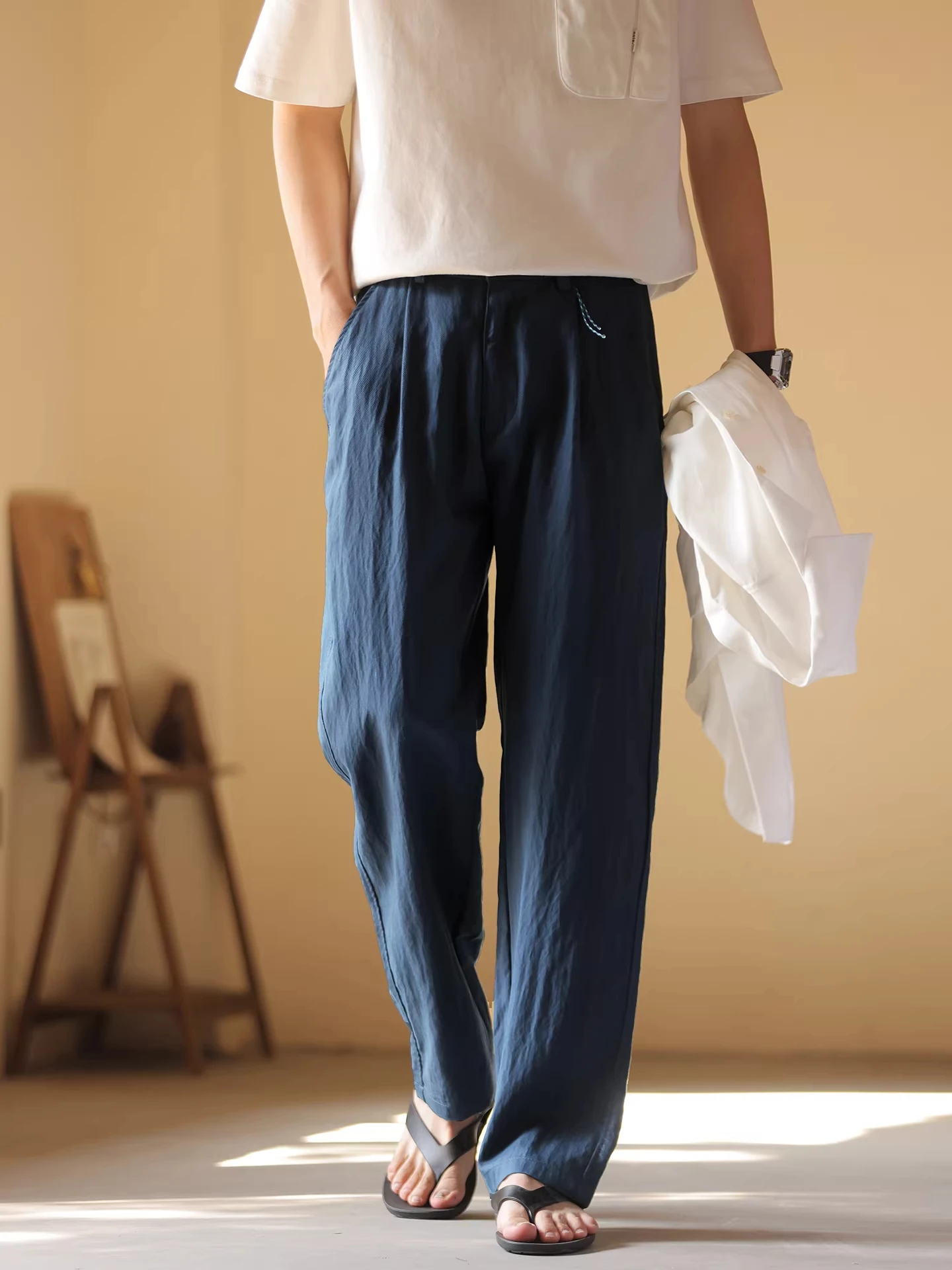 

Larger Size Spring Autumn New Sle Men's Casual Pants Cool Sensation Loose Commute Slightly Wrinkled Straight Leg Long Trousers