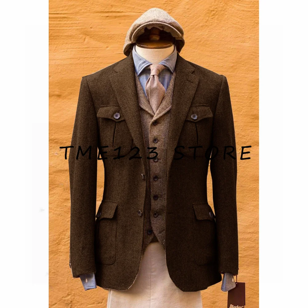 Herringbone Men's Jacket V Neck Single Breasted Business Casual Fashion Korean 2023 Autumn Luxury Brand Winter Jackets for Men