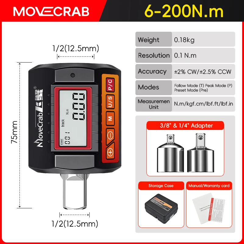 MoveCrab Digitale Koppeladapter 1/2 "Drive Inclusief Adapters voor 3/8" en 1/4" Elektronische Momentsleutel Fietsset Auto Reparatie Fiets
