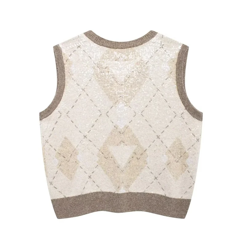 Autumn Women's Knitted Diamond Sweater Vest Top 2024 New Fashion Casual Short Elegant Women's Sequin Sweater Vest