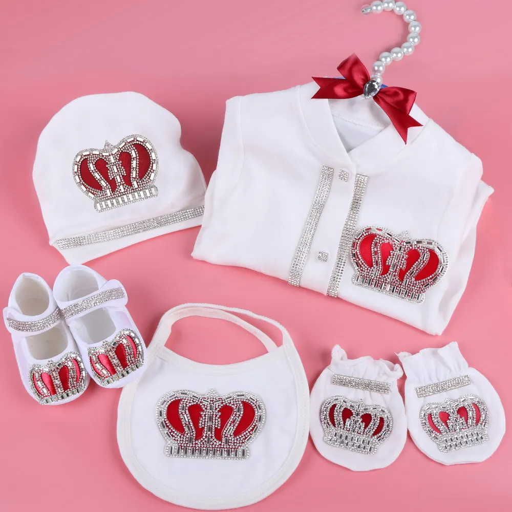 

NewBorn Rompers Baby Cloths Boys Girls Bebe Jumpsuit Infant Gift Hat Glove Shoe Bibs 5 Piece Crown Pattern Footies Bodysuits
