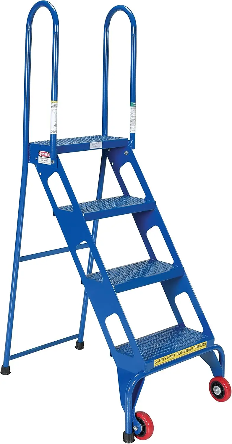 All-Welded Lock And Roll Folding Ladders With Wheels - 4 Steps - Steel - Blue