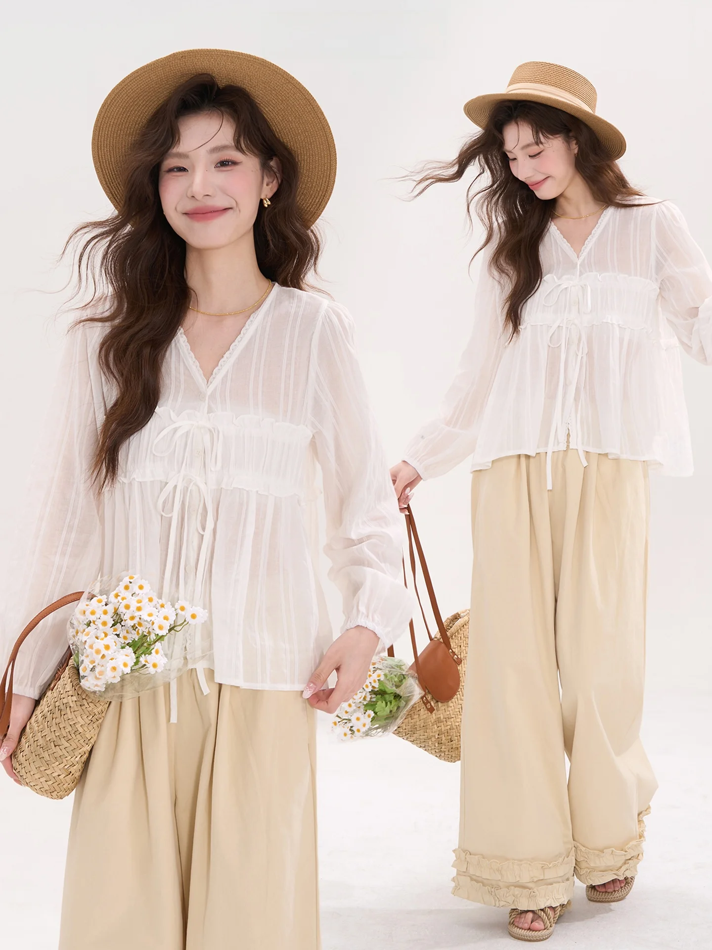 

Sweet Sle Cotton Blend Bell Sve irt Women's Spring Faion Tie Waist Lace Trim Ear Musoom Patterned Cotton irt