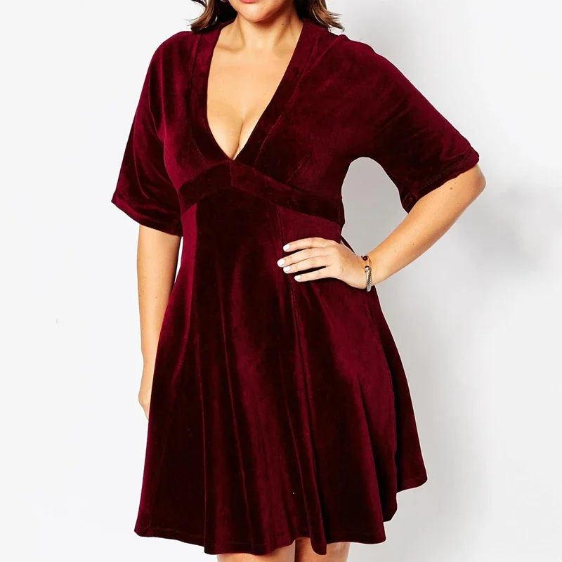 Plus Size Half Raglan Sleeve Elegant Velvet Dress Women V-neck Fit Flare A-line Party Dress High Waist Casual Spring Dress 6XL