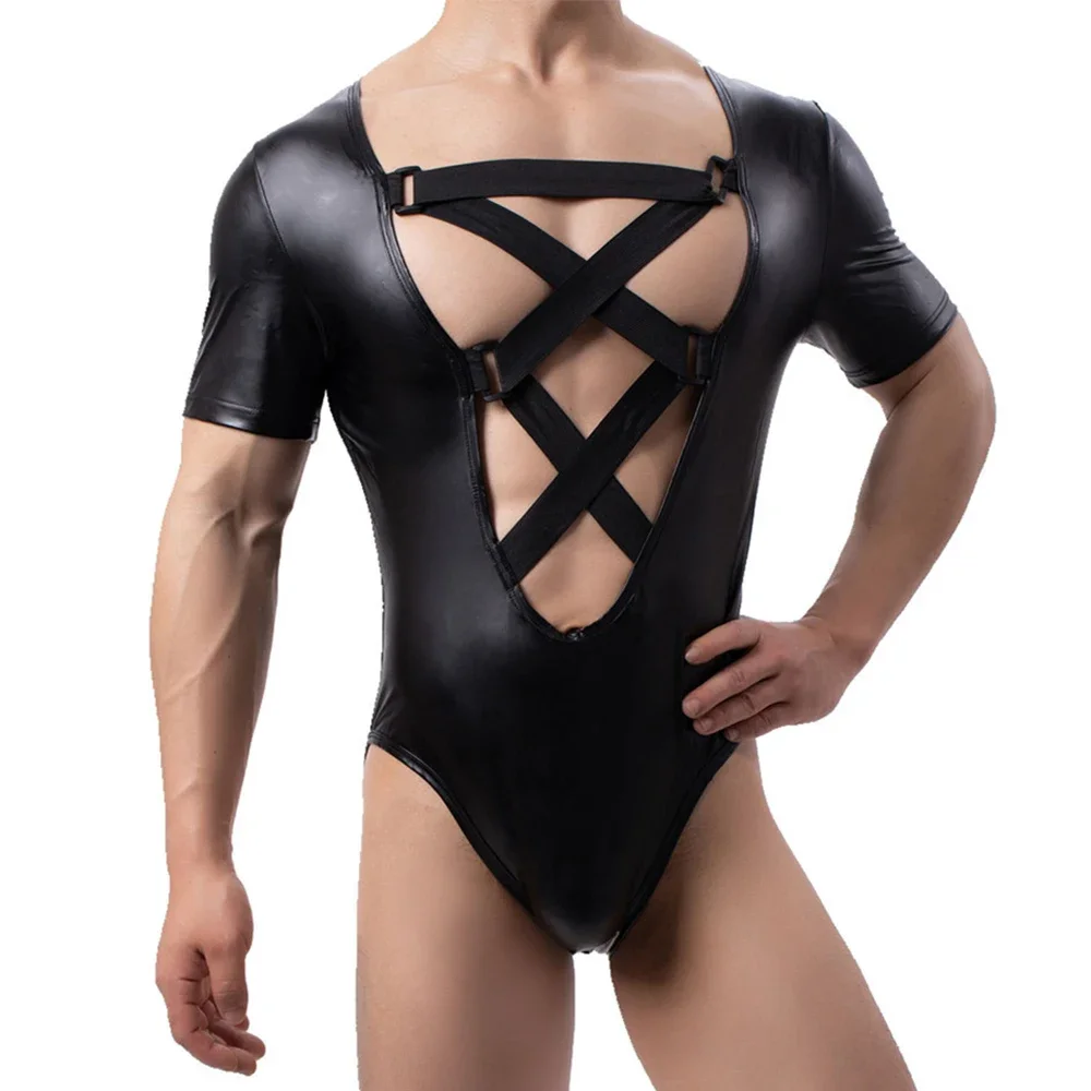 

Men Sexy Wet Look Bodysuit Front Hollow Out Short Sleeve Faux Leather Black Leotard Elastic Jumpsuit Stage Show Costume Swimwear