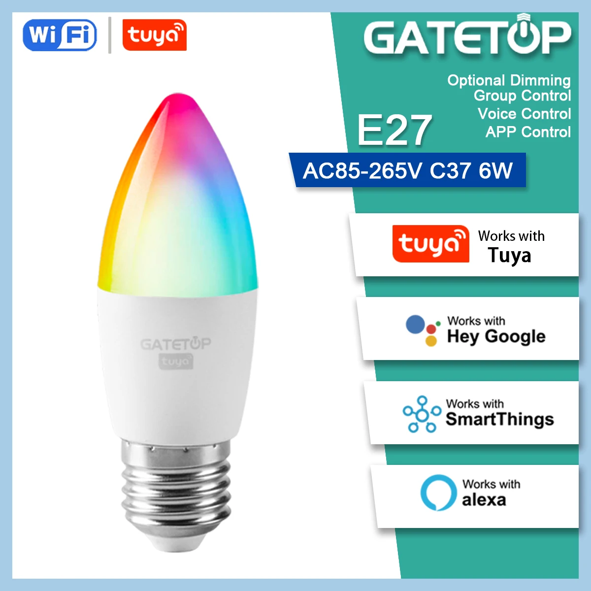 bombilla inteligente con Wifi/Bluetooth，C37 E27 luz regulable por voz RGB de，6WAC85V-265V Bulb,Control por aplicacion Smart Life