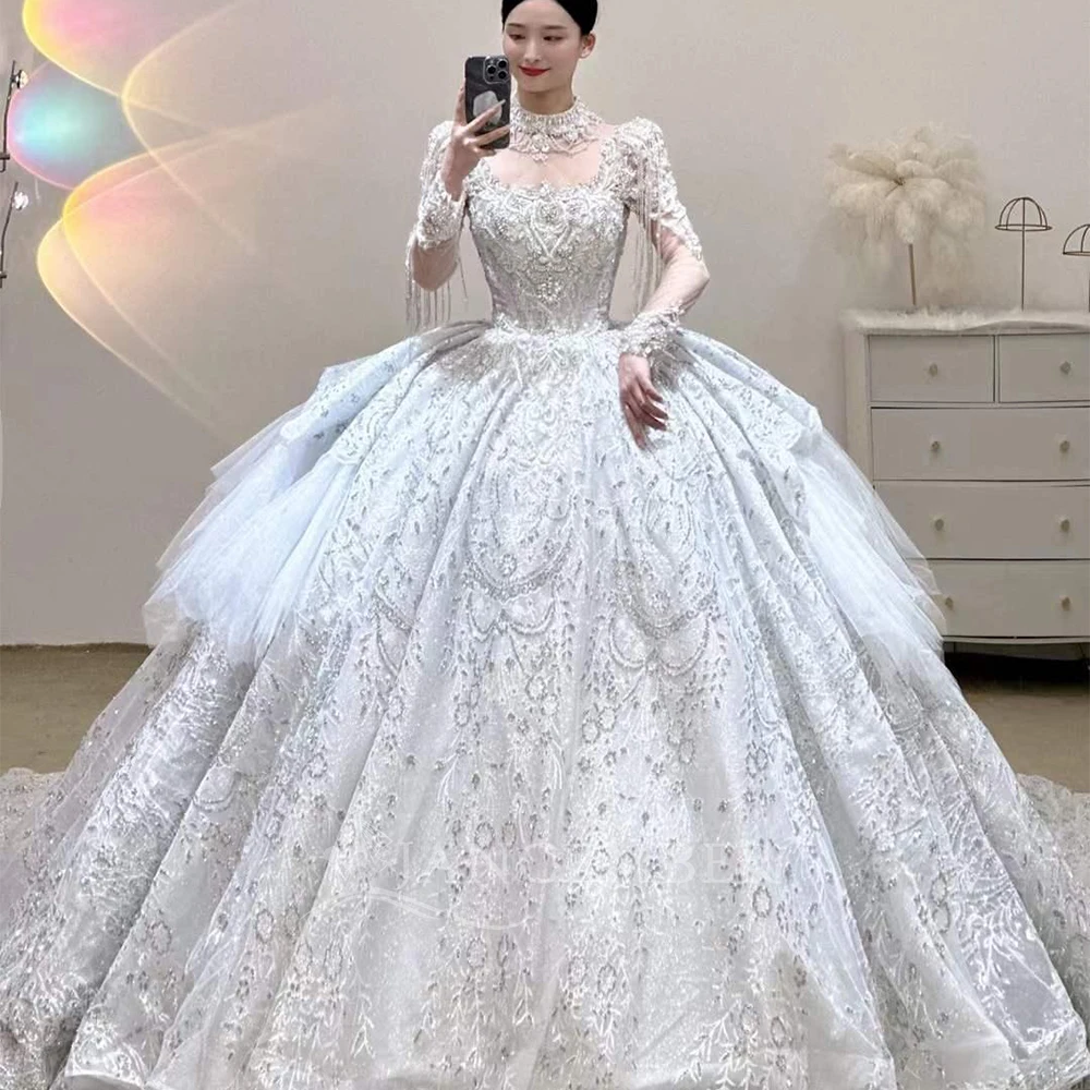 

Romantic O-Neck Lace Up Ball Gown Wedding Dress Exquaisite Long Sleeve Princess Bridal Gown Customized Ruffles robe de mariée