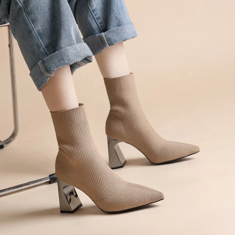 Socks Boots Women High Heel Pointed Toe Ankle Boots Autumn Winter Warm Breathable Botas Wool Knitting Stretch Boots for Women