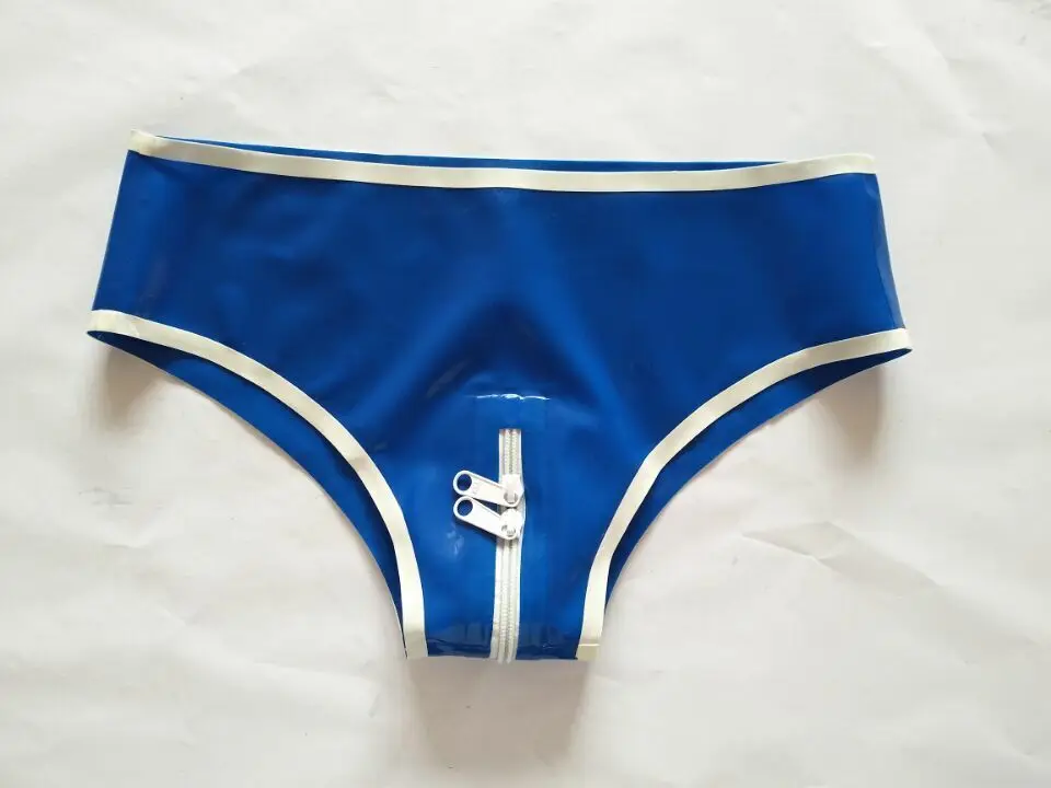 

100% латексная резина Dunkelblaue Dreiecksshorts Брюки Dekoration weiß Zip0.4mm S-XXL Бал-маскарад