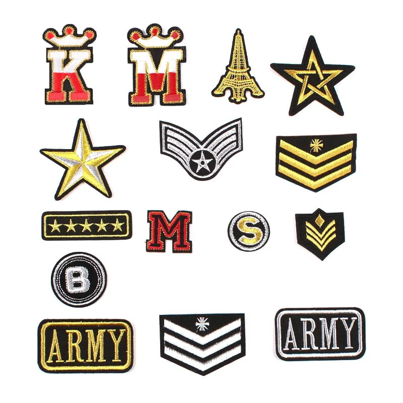 

100pcs/Lot Gold Luxury Embroidery Patch Letter Tower Pentagram Badge Shirt Bag Clothing Decoration Accessory Craft Applique